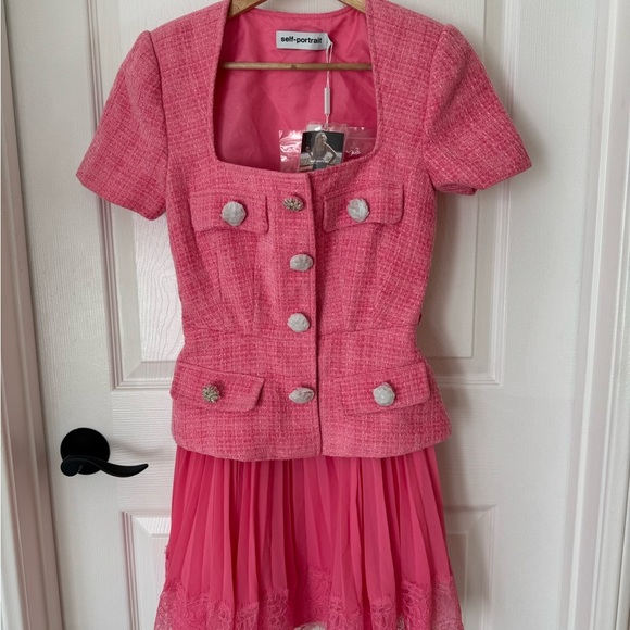 NWT SELF PORTRAIT PINK TWEED CHIFFON MINI BELTED DRESS! - Picture 5 of 6